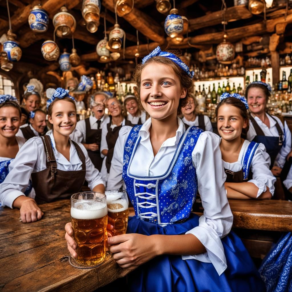 German Woman with Beer in Lively Tavern: Digital Art