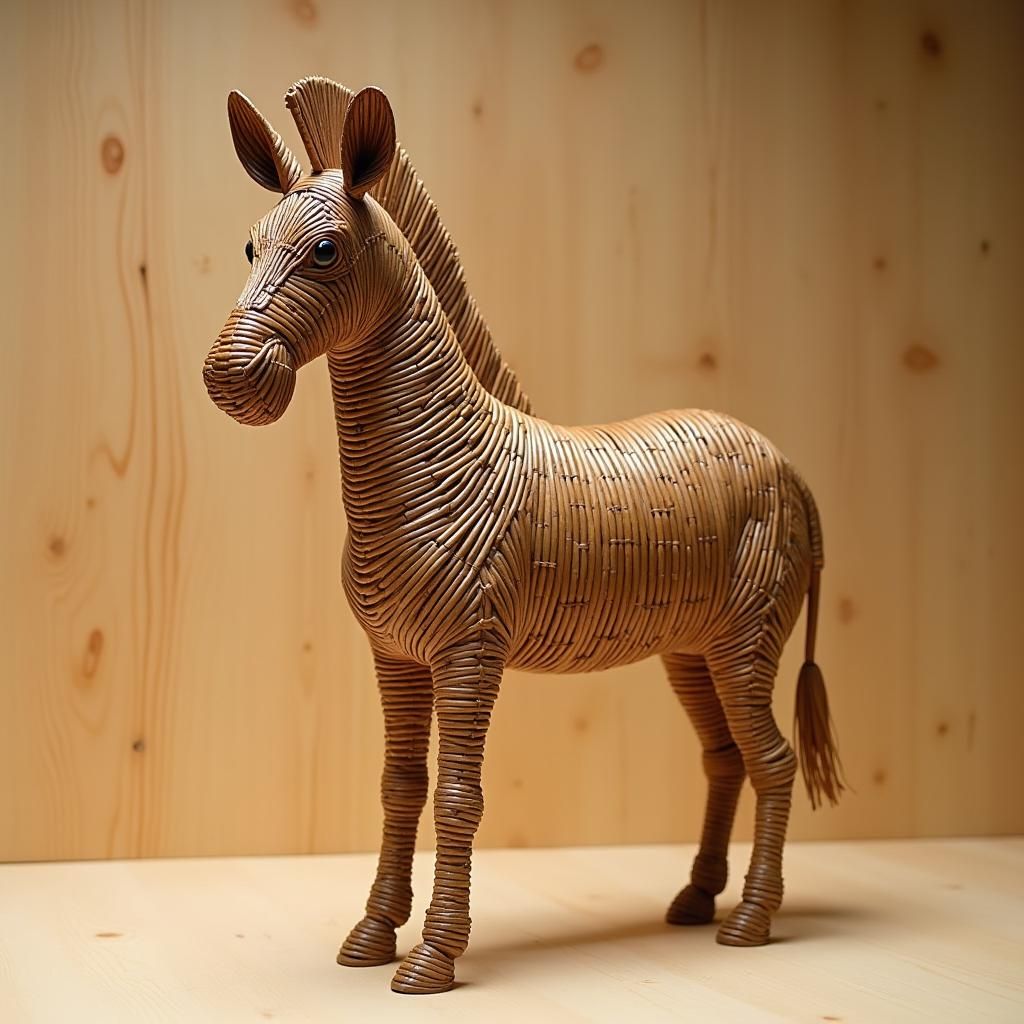 Woven Wicker Zebra Figurine in Folk Art Style
