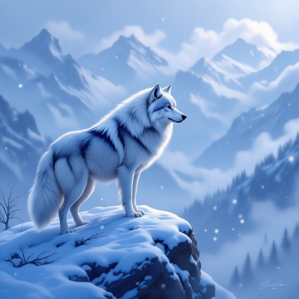 Direwolf on Snowy Peak in Fantasy Art Style