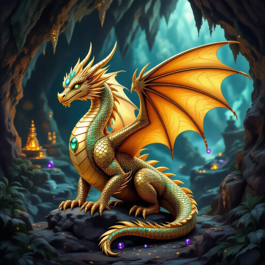 Golden Dragon with Jewel Wings in Fantasy Cave