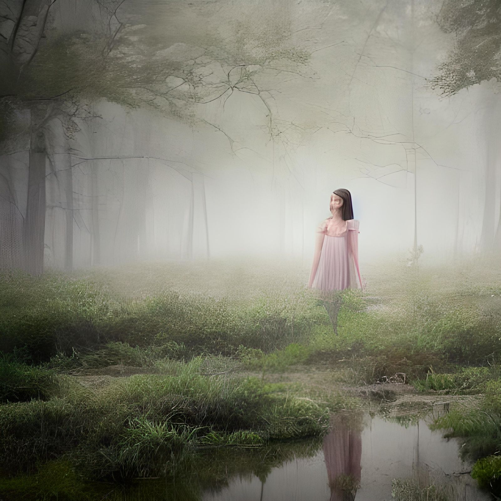 Ethereal Figure in Pastel Dress over Moonlit Swamp