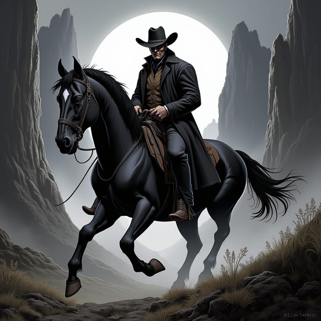 Cowboy Rides Through Mystical Mountain Pass