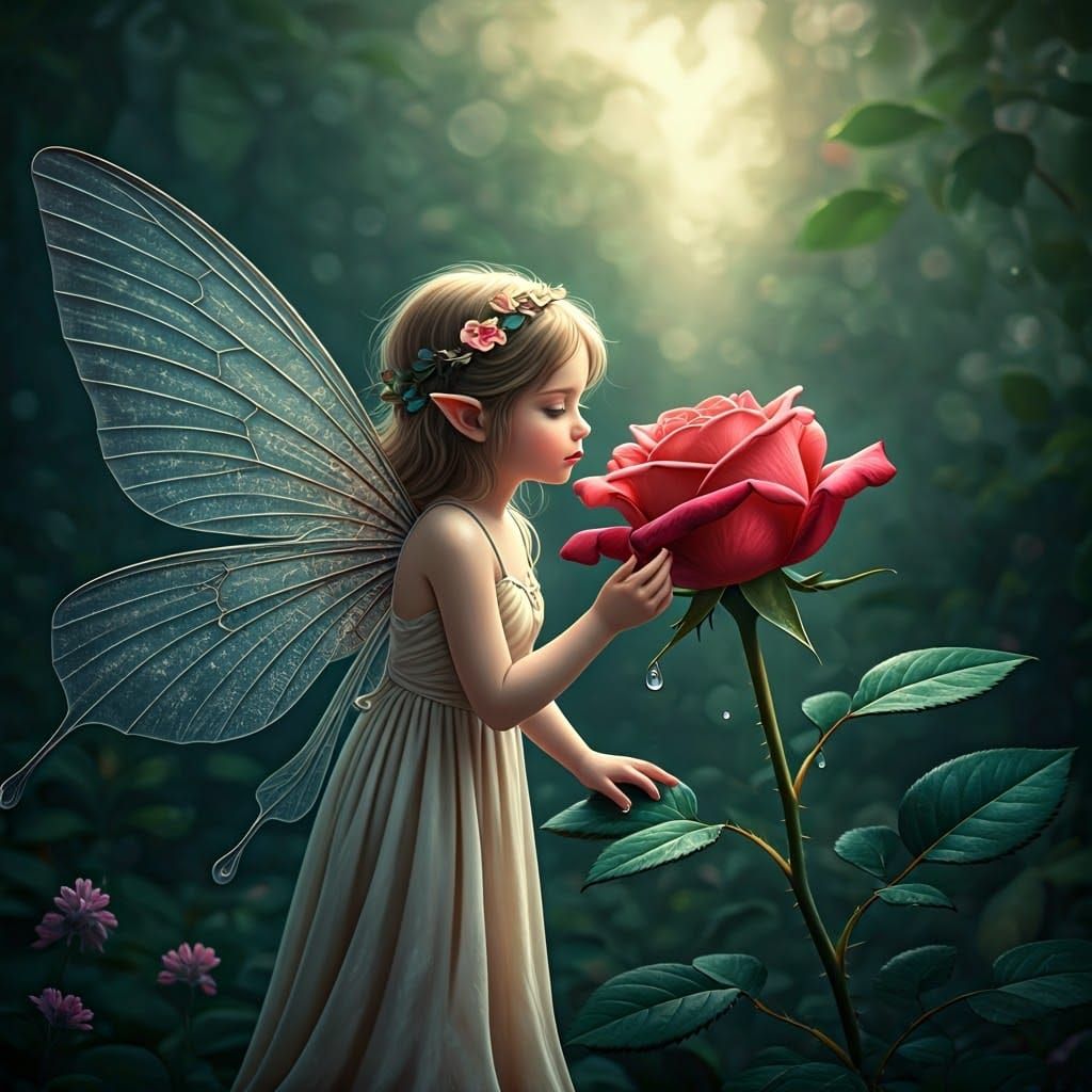 Fairy Sipping Dewdrop in Ethereal Forest