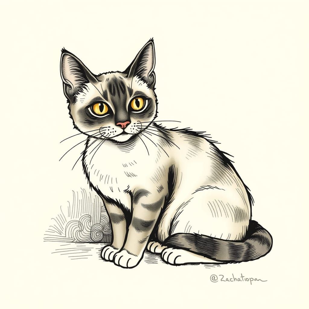 Whimsical Siamese Tabby Cat Ink Illustration