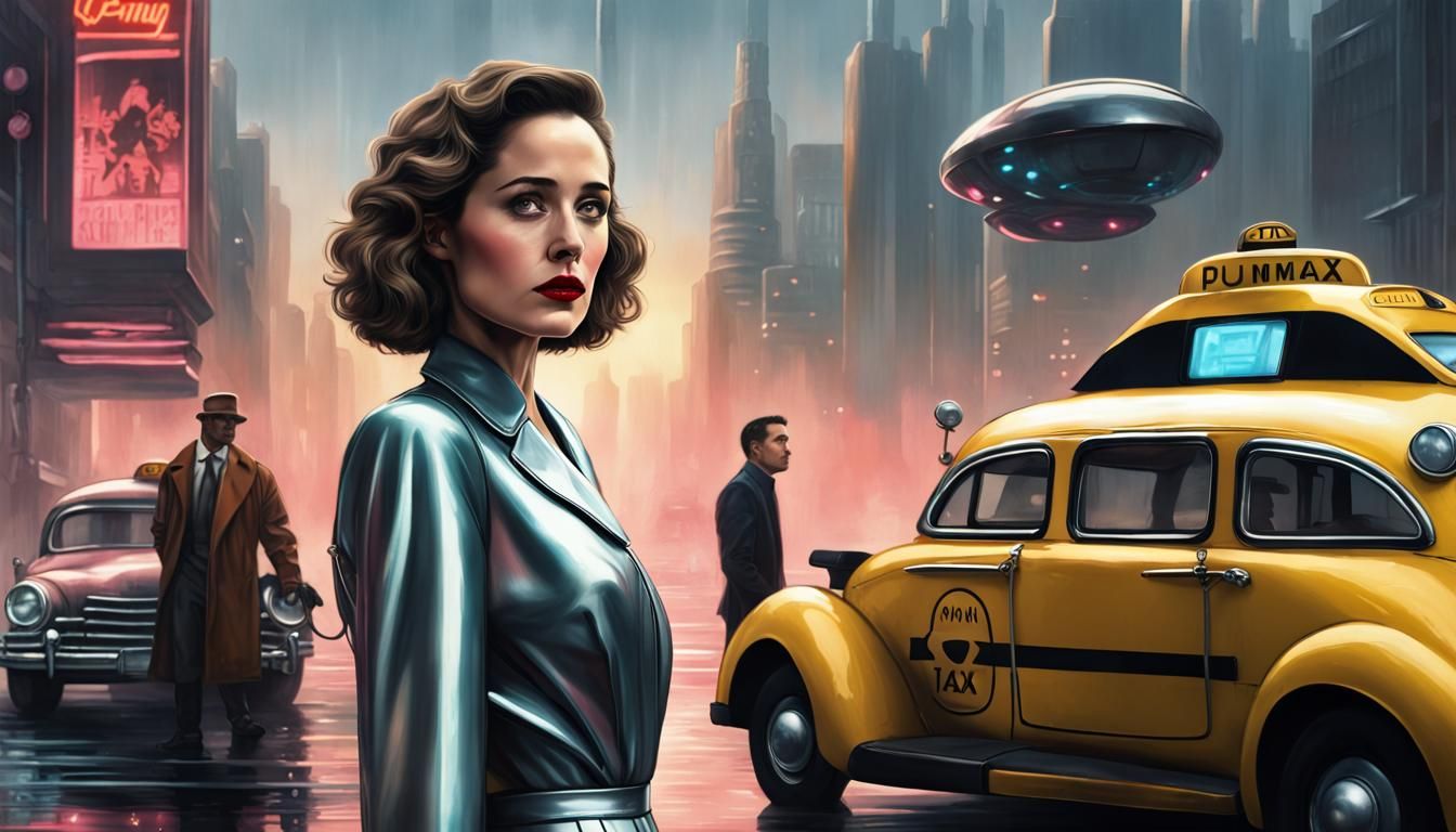 Confused Woman on Cyberpunk Street in Sci-Fi Comic Art