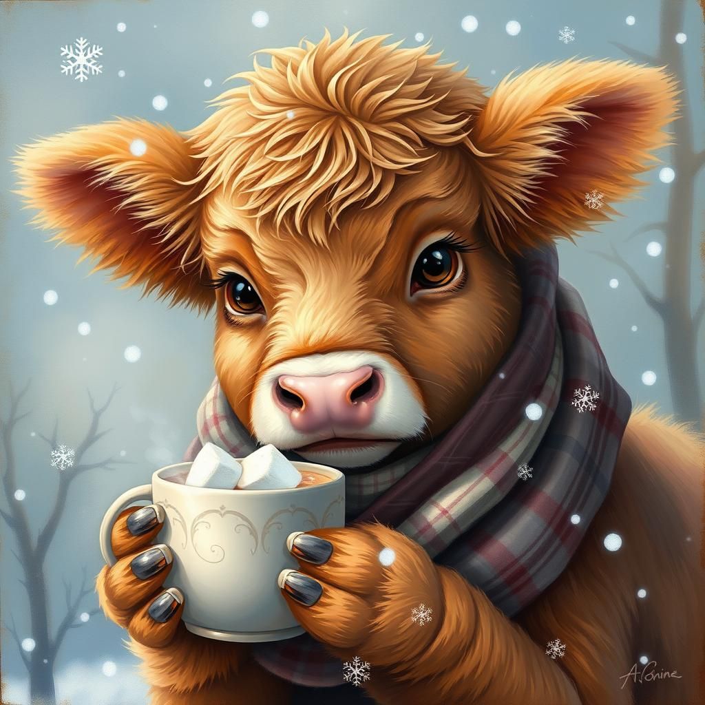 Highland Calf Enjoys Cocoa in Winter Wonderland