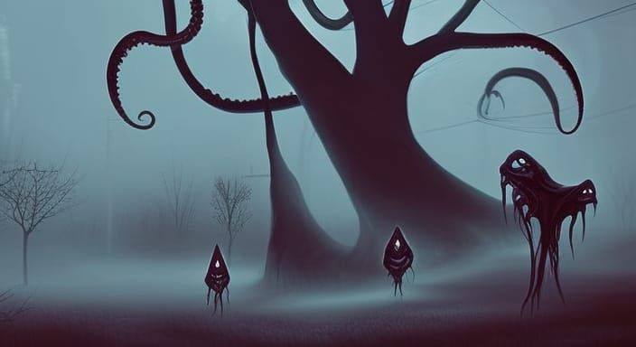 Eerie Tentacle Creatures in Foggy Dark Fantasy Landscape