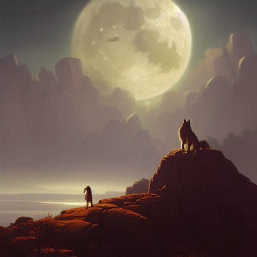 Lone Wolf Howling at Moon, Gothic Fantasy Art