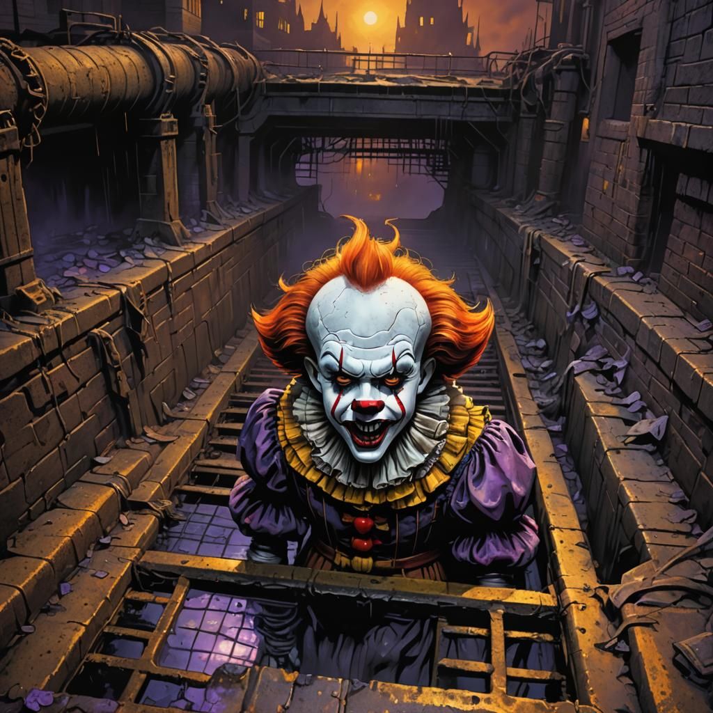 Pennywise Peeks From Sewer in Dark Fantasy Art