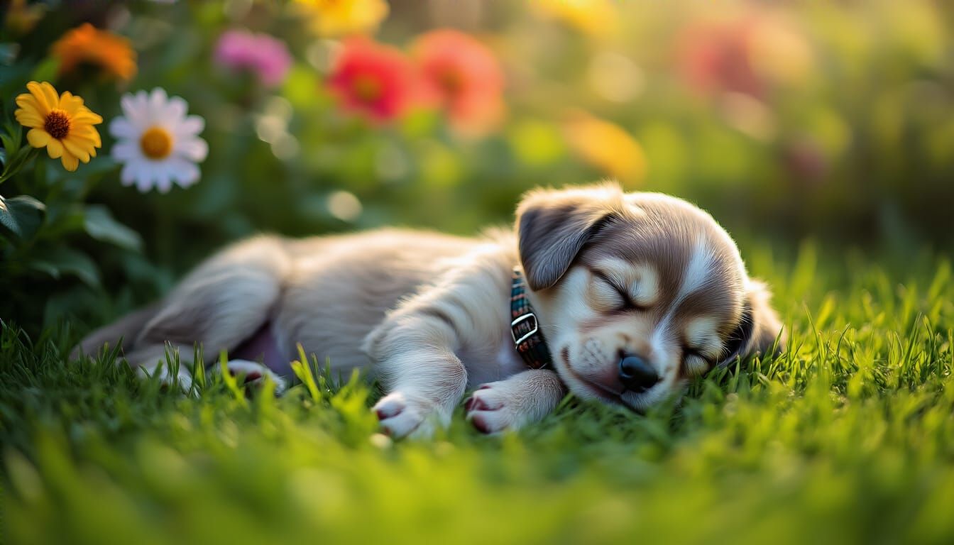 Sleeping Puppy in Lush Garden, Hyperrealistic Style