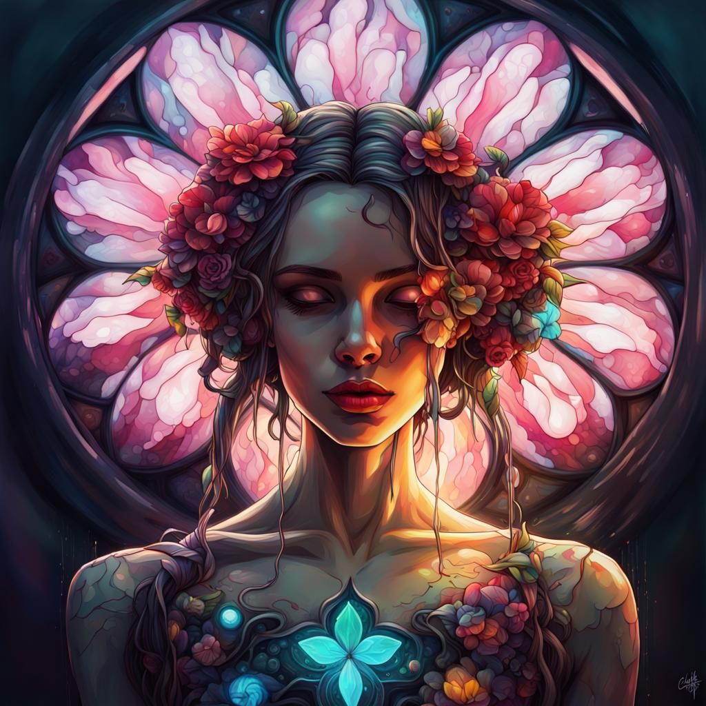 Cyberpunk Stained Glass Flower Spirit Graffiti Art