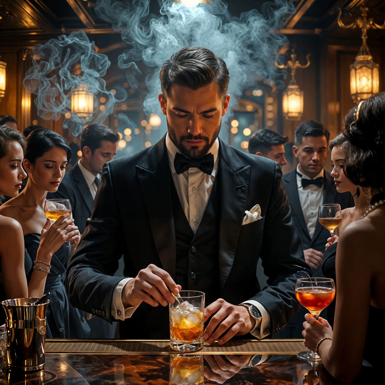 Speakeasy Bartender in Art Deco Hyperrealism