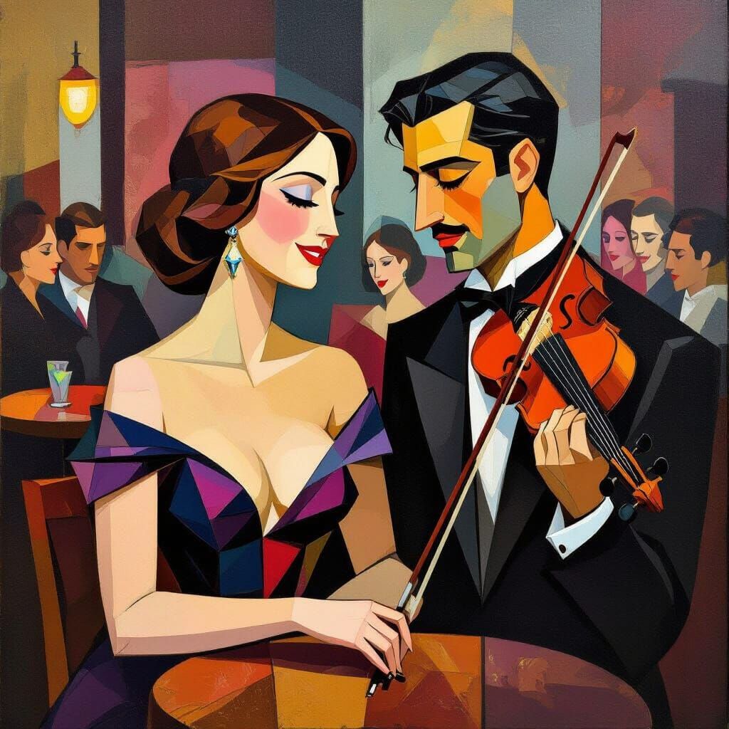 Cubist Cafe Scene: Woman and Violinist in Picasso Style