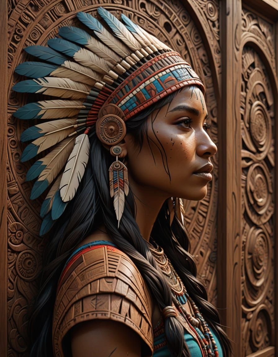 American Indian Girl Profile with Carved Wood Panels