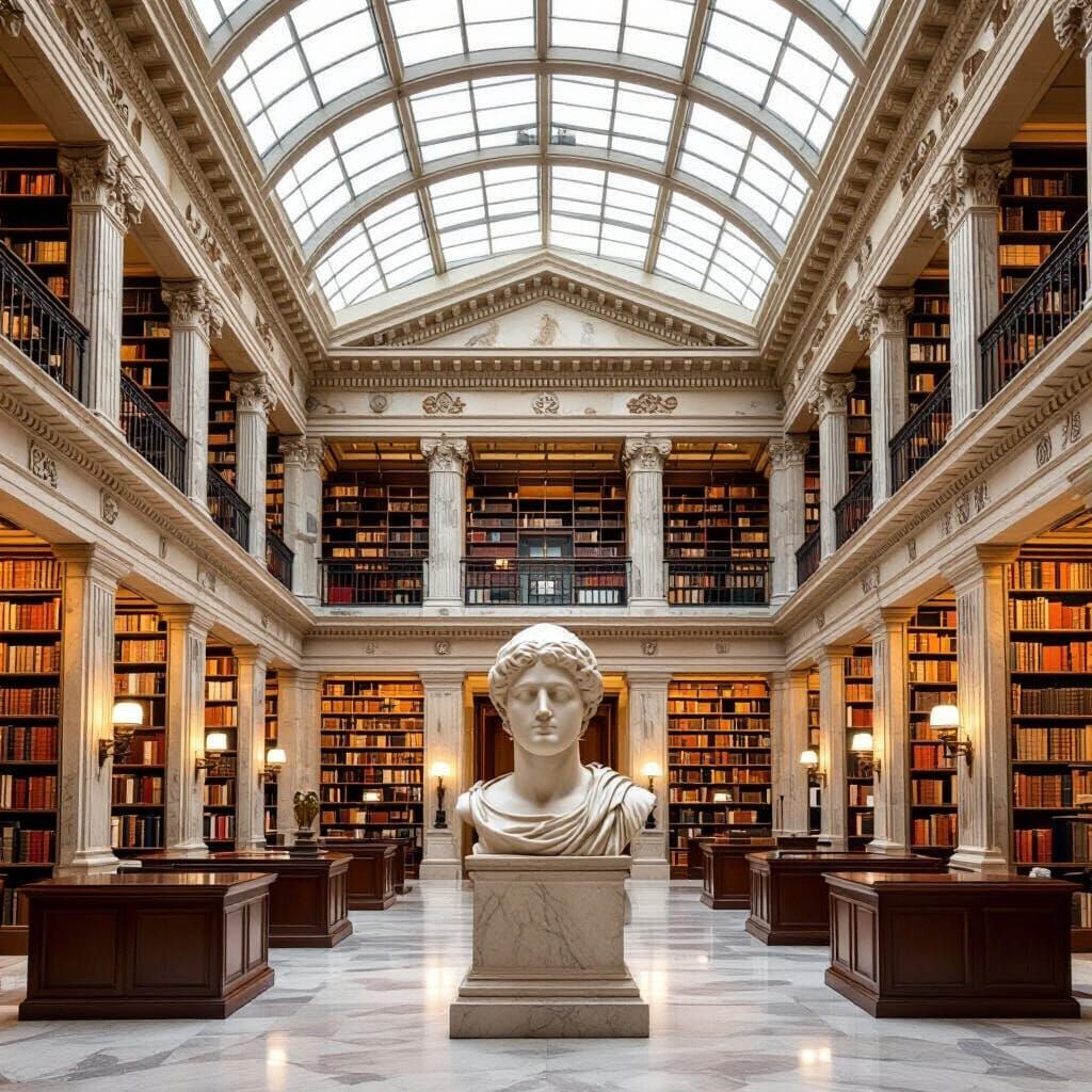 Grand Greek Library with Classical Sculpture