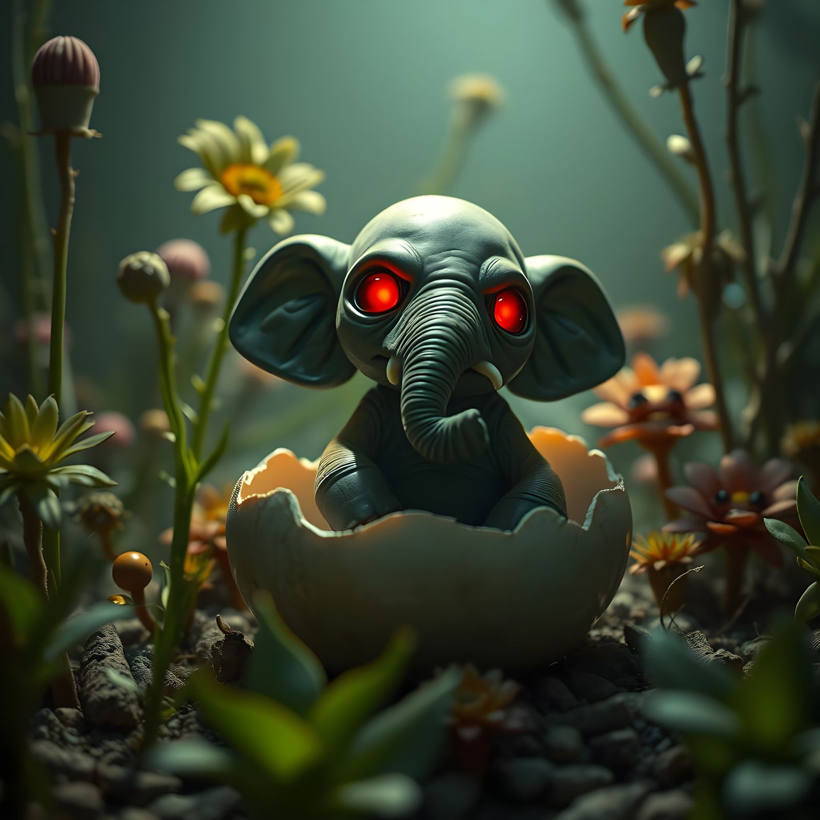 Cute Alien Elephant Baby with Glowing Eyes in Eggshell