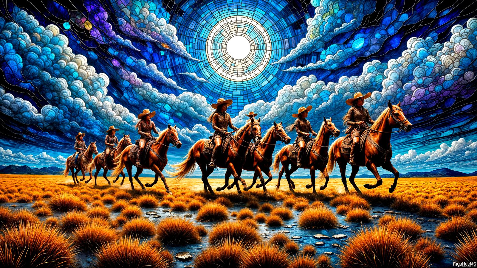 Native American Women Ride Horses in a Thunderstorm Landscap...