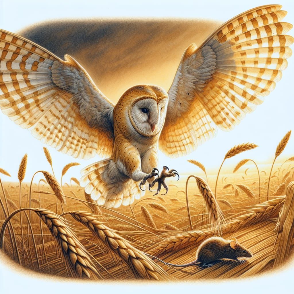 Owl Hunting Mouse in Golden Field, Hyperrealistic