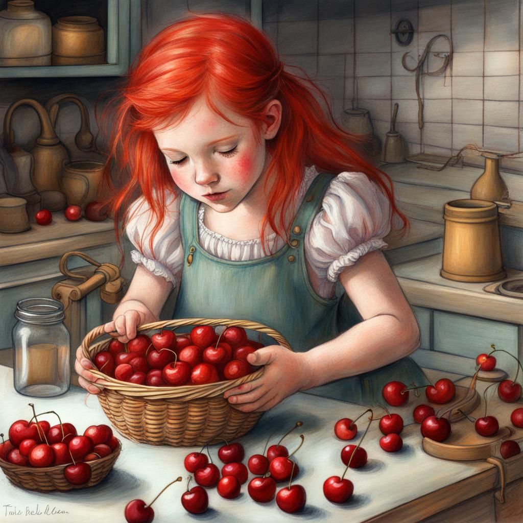 Red-Haired Girl with Cherries, Pastel Storybook Art