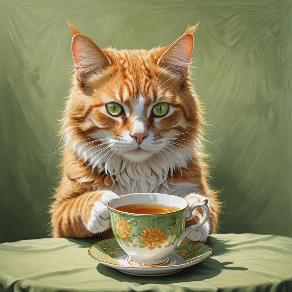 Orange Cat Sipping Tea in Hyperrealistic Portrait