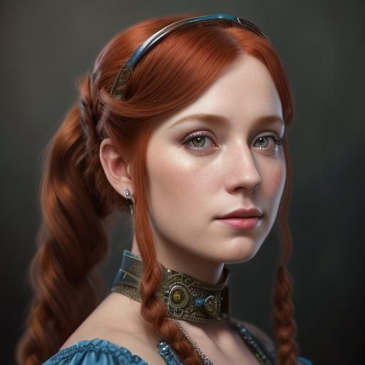 Redhead Princess in Steampunk Dress, Art Nouveau Portrait