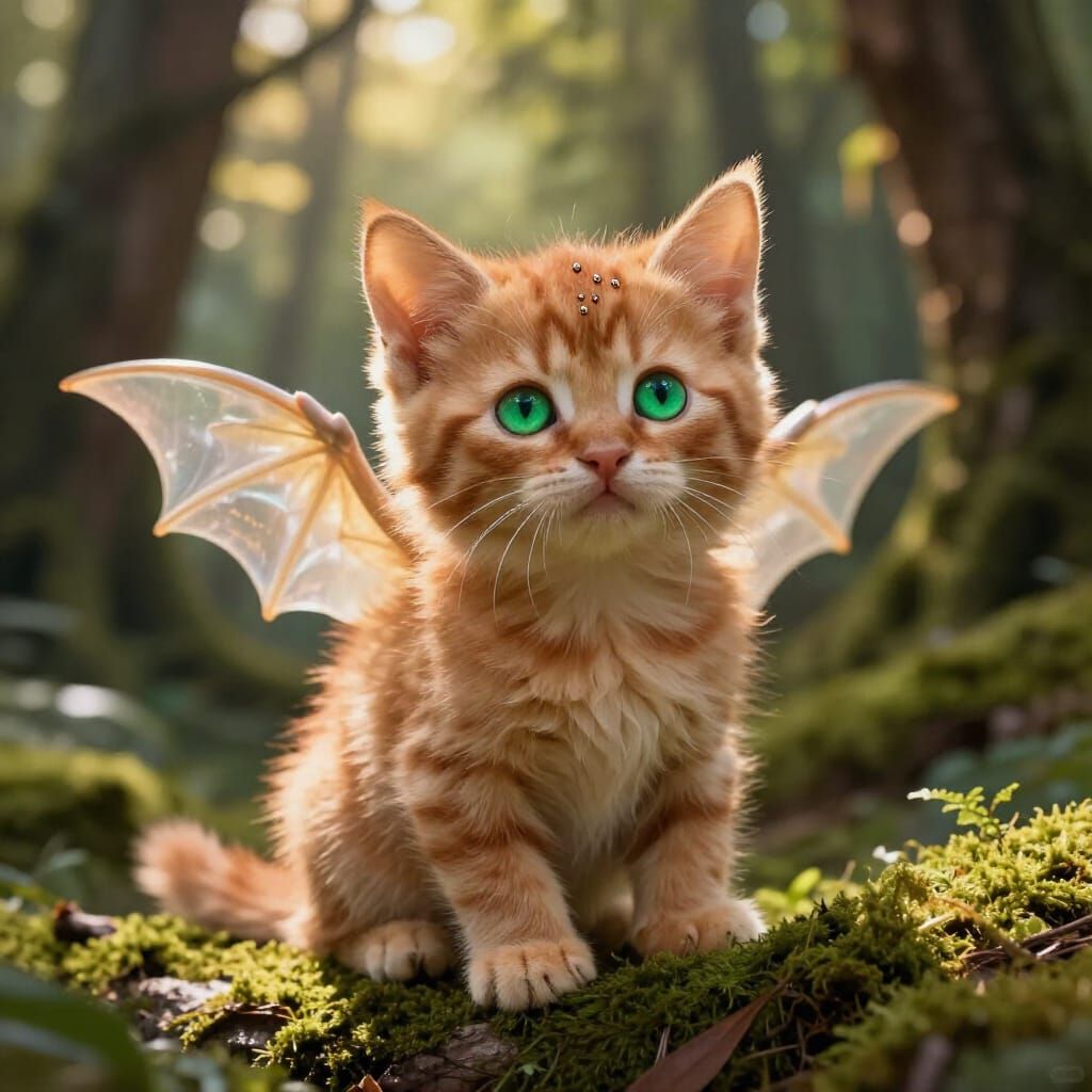 Baby Red Dragon Kitten in Ethereal Forest