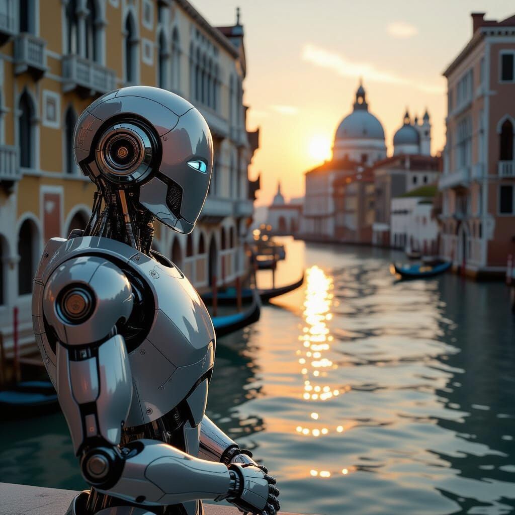 Robot Contemplating Venice Canals at Golden Hour