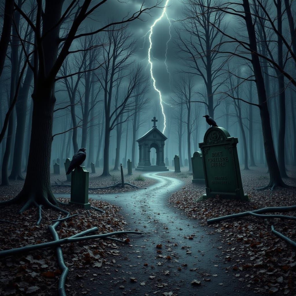 Eerie Path to Cemetery in Dark Fantasy Forest