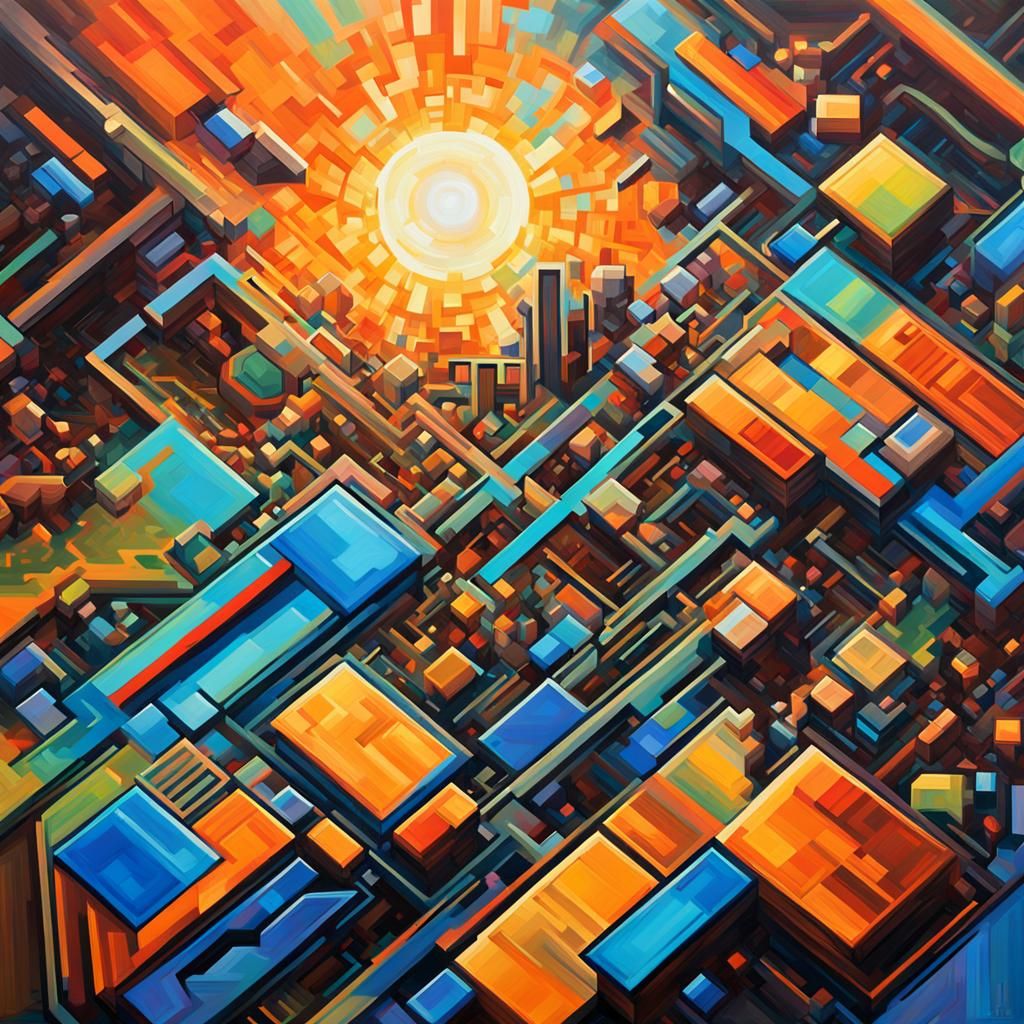Geometric Cubist Robot Circuit Board Sunrise