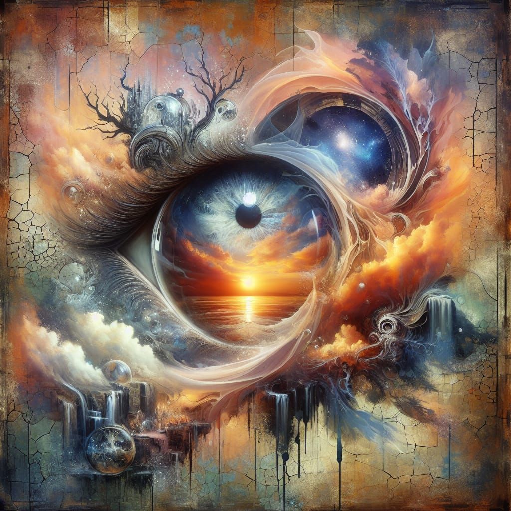 Surreal Rococo Sunset Eye Portal Oil Painting