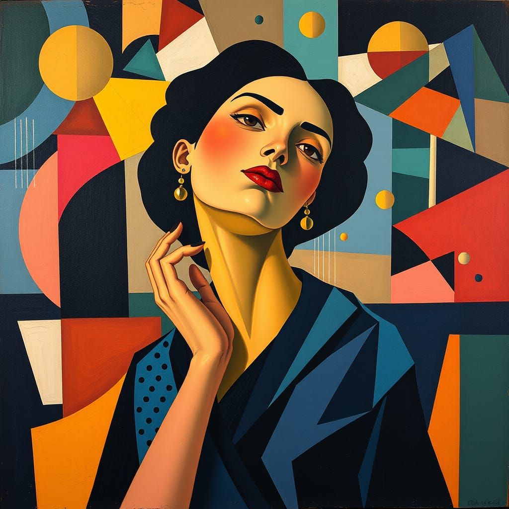 Abstract Cubist Woman in Geometric Dreamscape