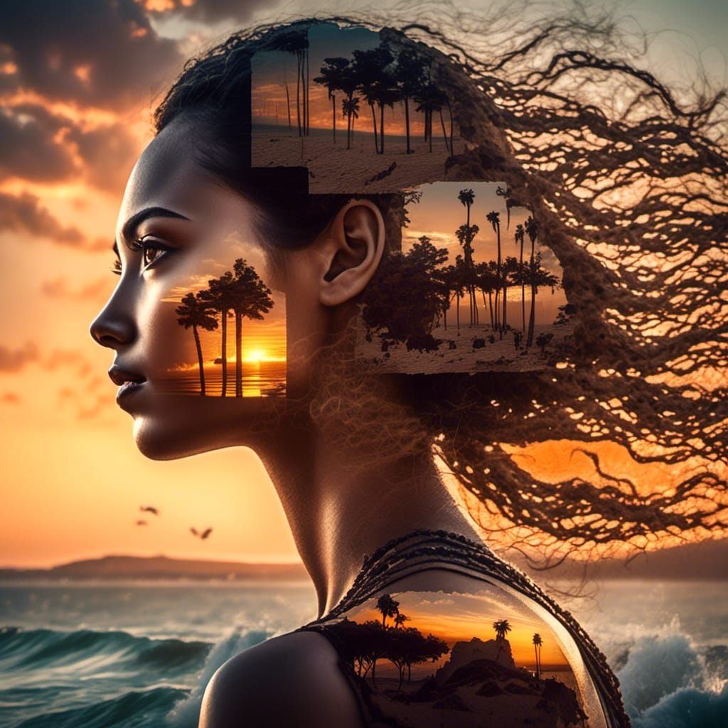 Double Exposure: Woman and Sunset Coast in 8K