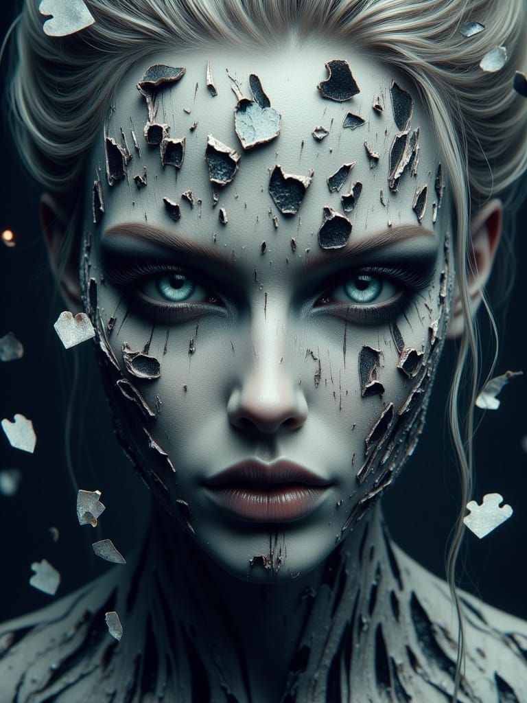 Dreamlike Portrait of Woman Picking up Shattered Hearts