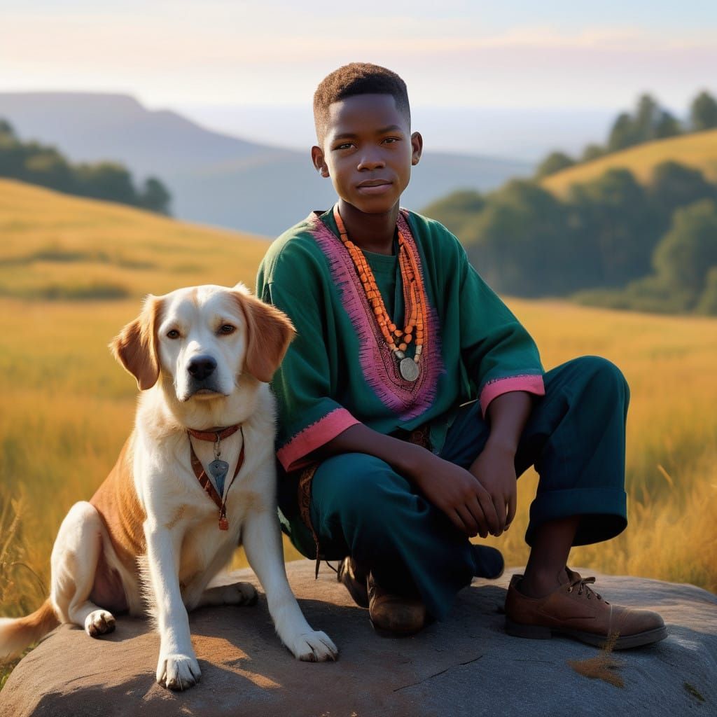 African Boy and Dog Watch Cattle in Serene Valley