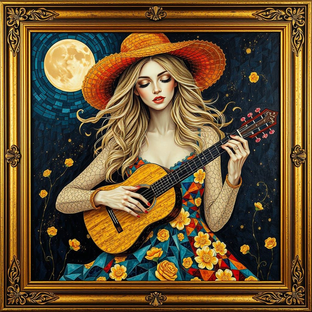 Blonde Guitarist in Golden Dreamscape