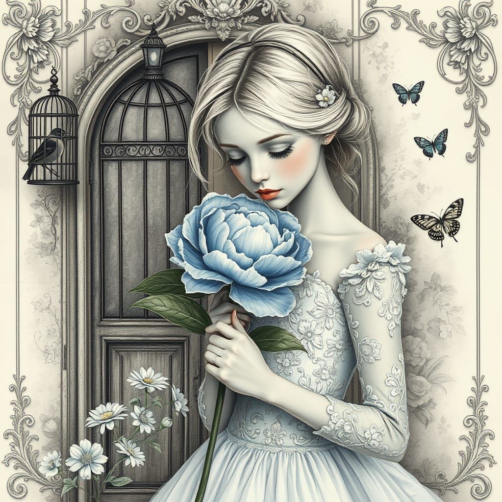 Elegant Blonde in Charcoal Drawing Style