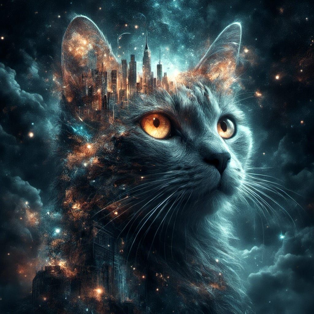 Luminous Cat Portrait Holding City in Mind