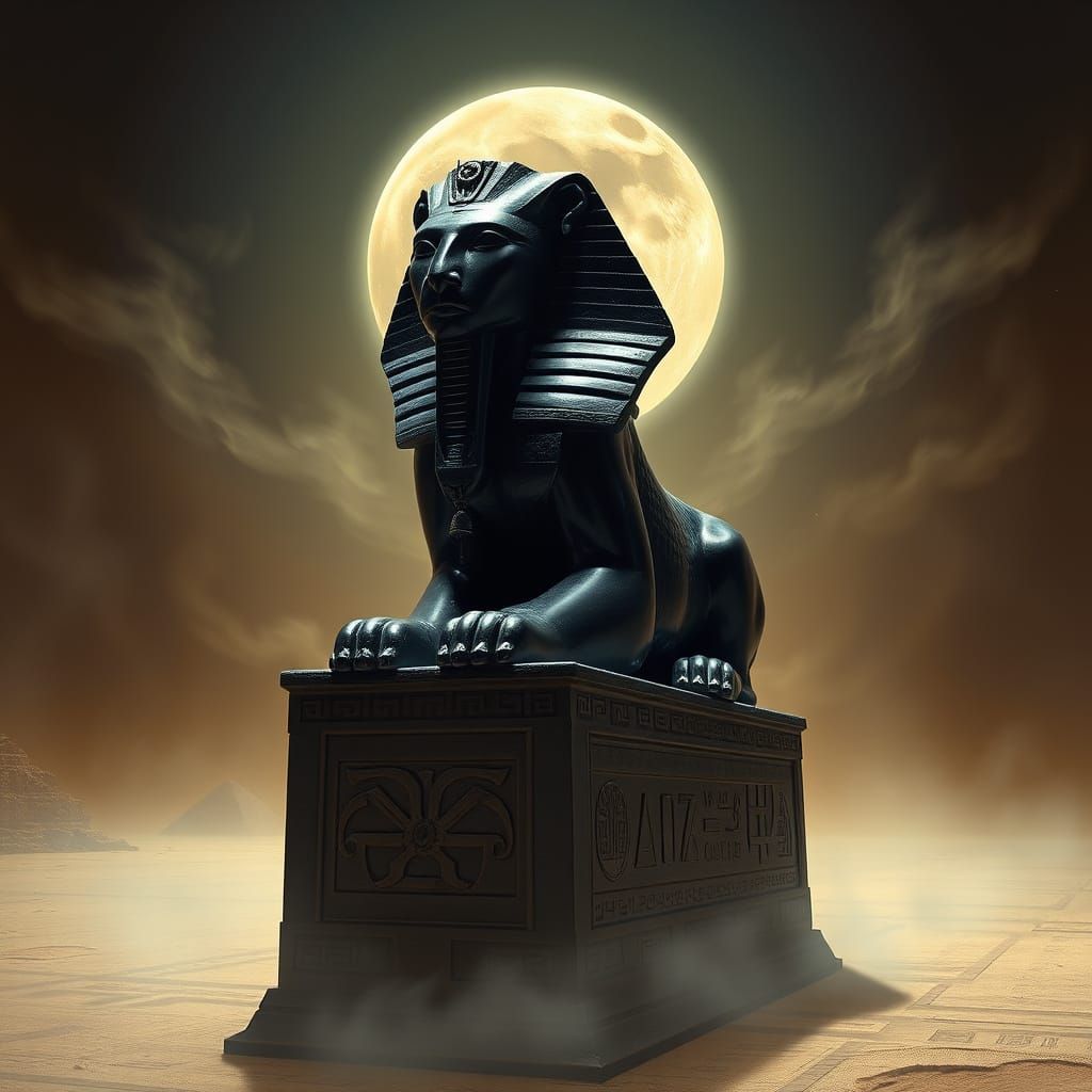 Mystical Sphinx Carved from Black Quartz in a Moonlit Desert...