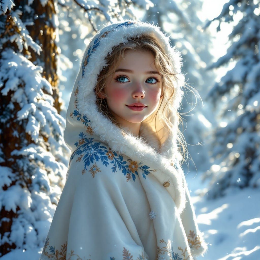 Young Girl in Serene Snowy Forest Landscape in Cyberpunk Aes...