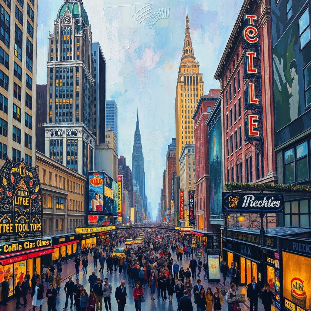 Neo-Impressionist Cityscape with Art Deco Skyscrapers