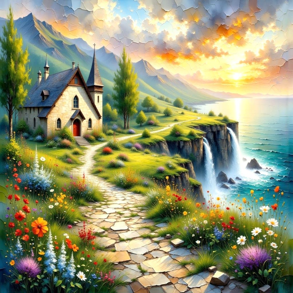 Wedding Chapel Dreamscape at Sunset in Mixed Media