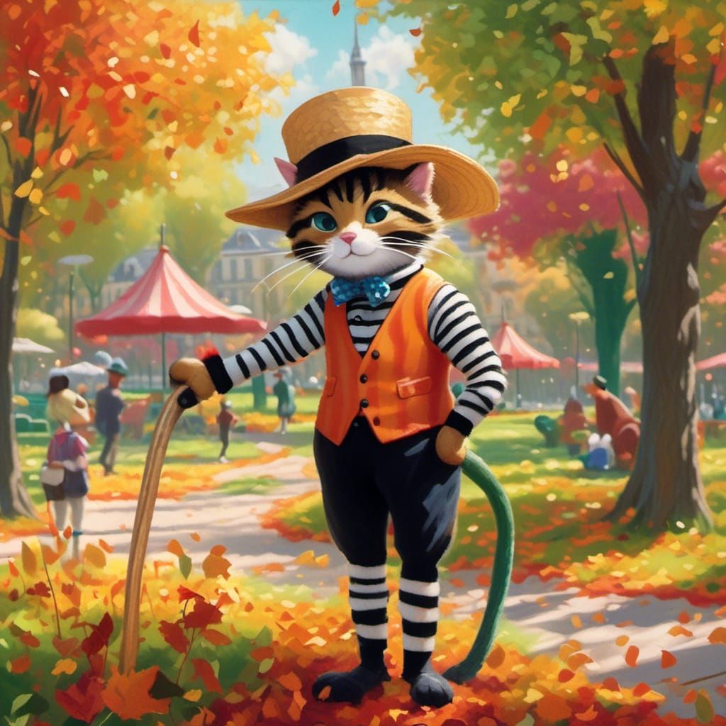 Hanna Barbara cartoon style cat, dressed as Maurice Chevalie...