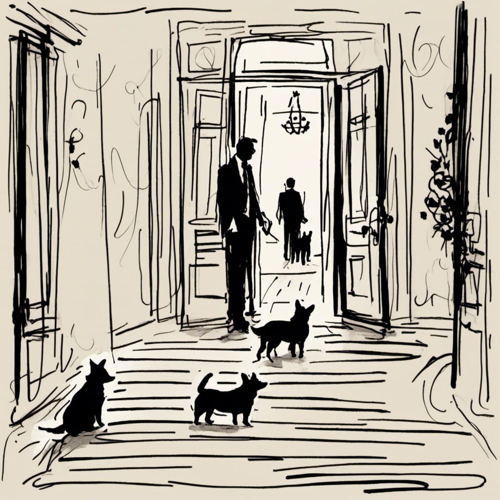 Elegant Stick Figure Corgi in Hallway