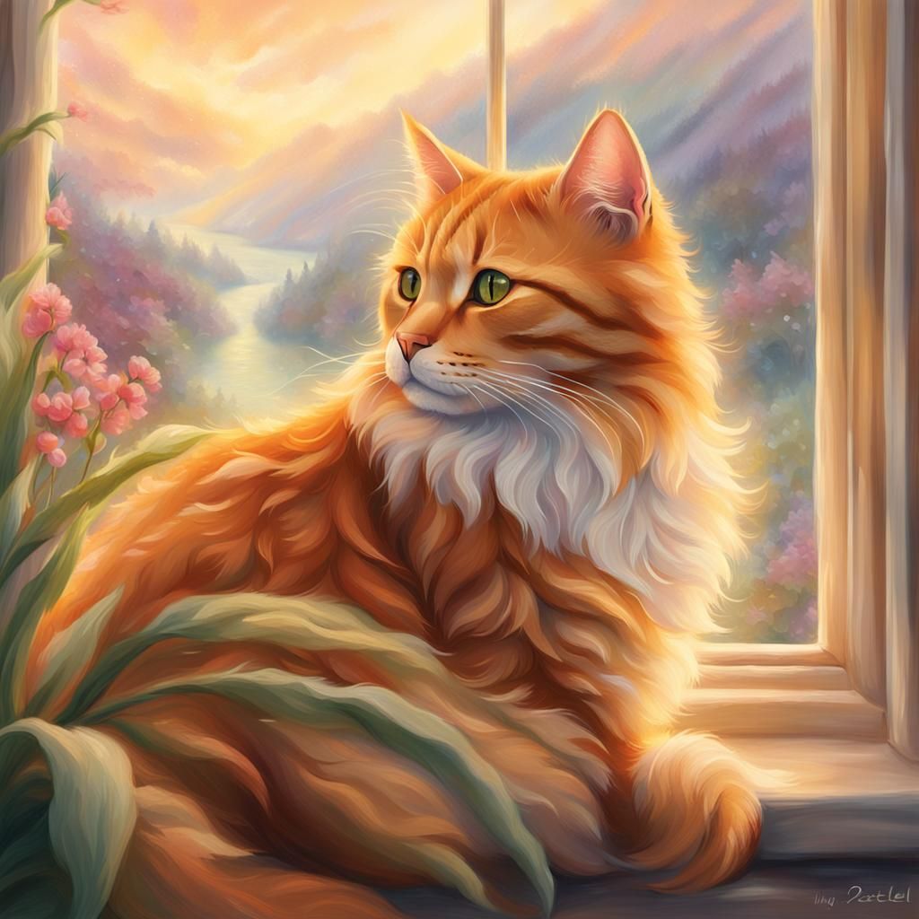 Ginger Cat Gazing at Misty Landscape in Kinkade Style