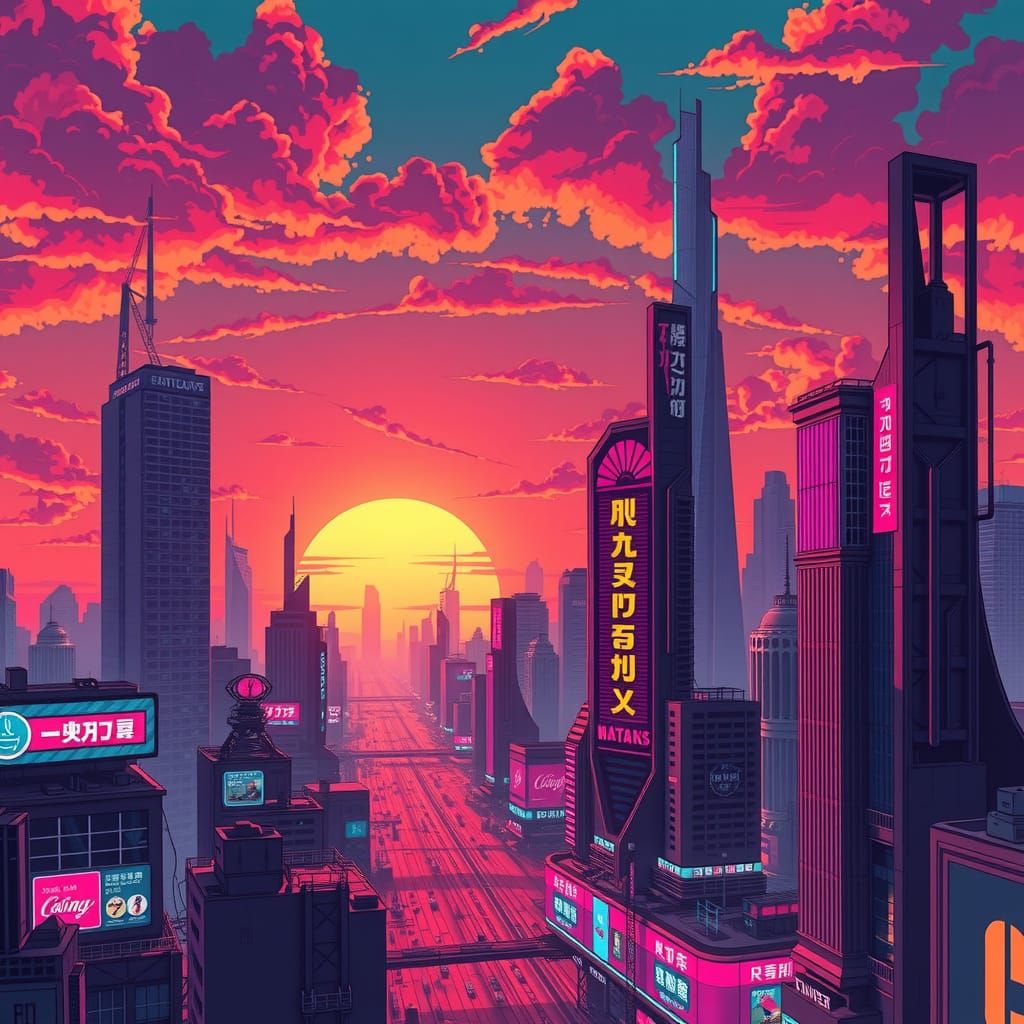 Dystopian Metropolis with Retro Sunset in Cyberpunk Style