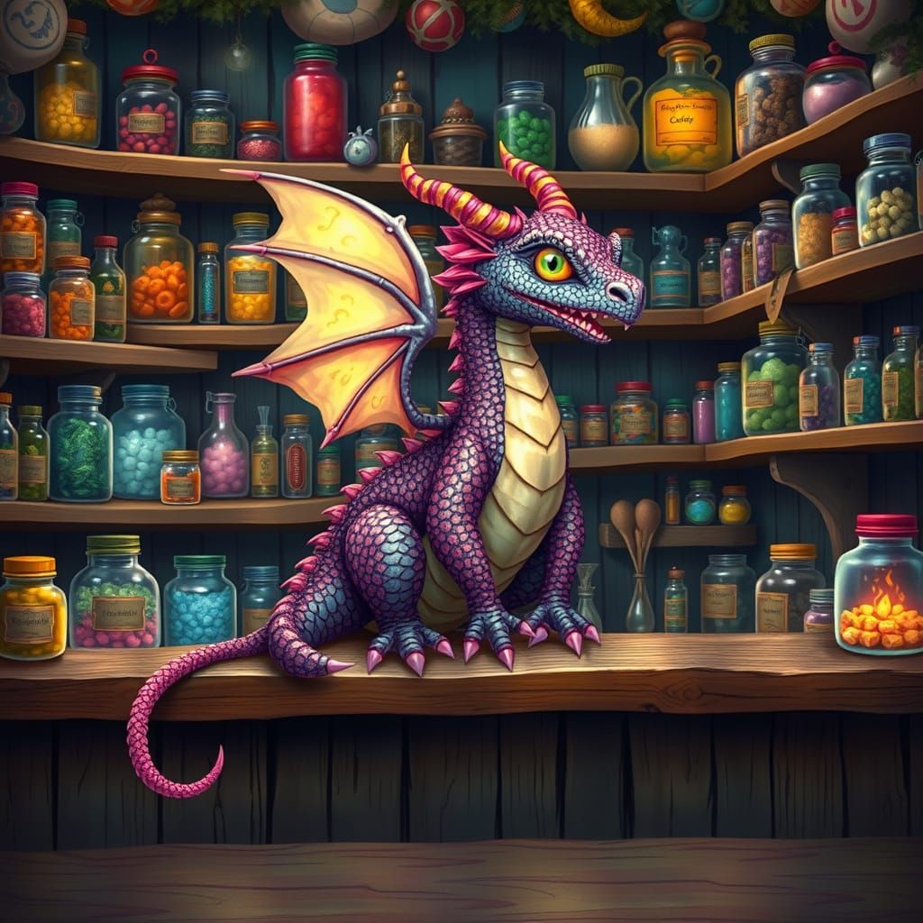 Vibrant Candy Dragon Amidst Whimsical Apothecary