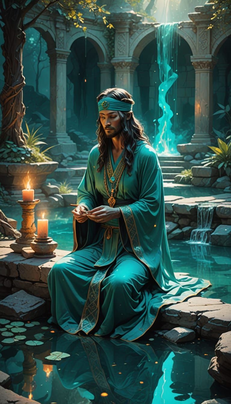 Blindfolded Oracle Before Glowing Pool: Mystical Concept Art