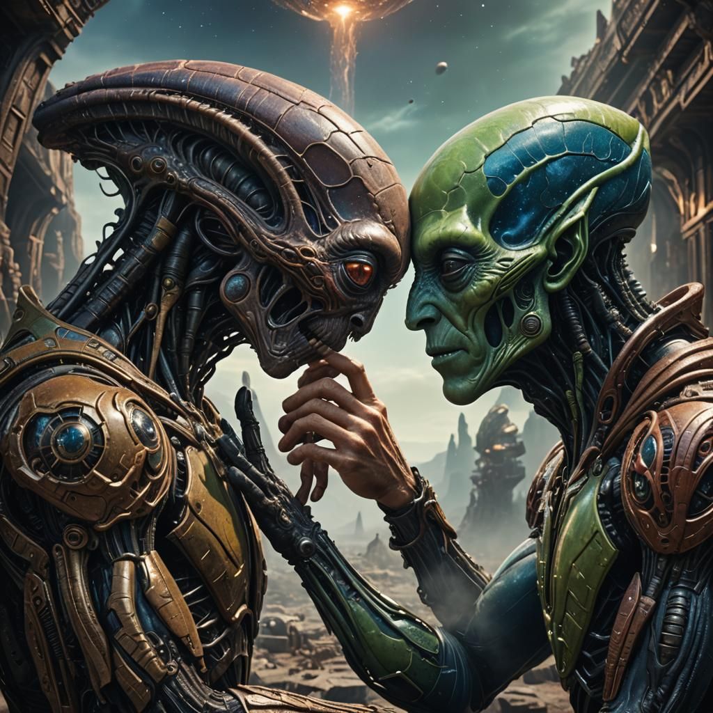 Man and Alien Touching Faces in Detailed Painting