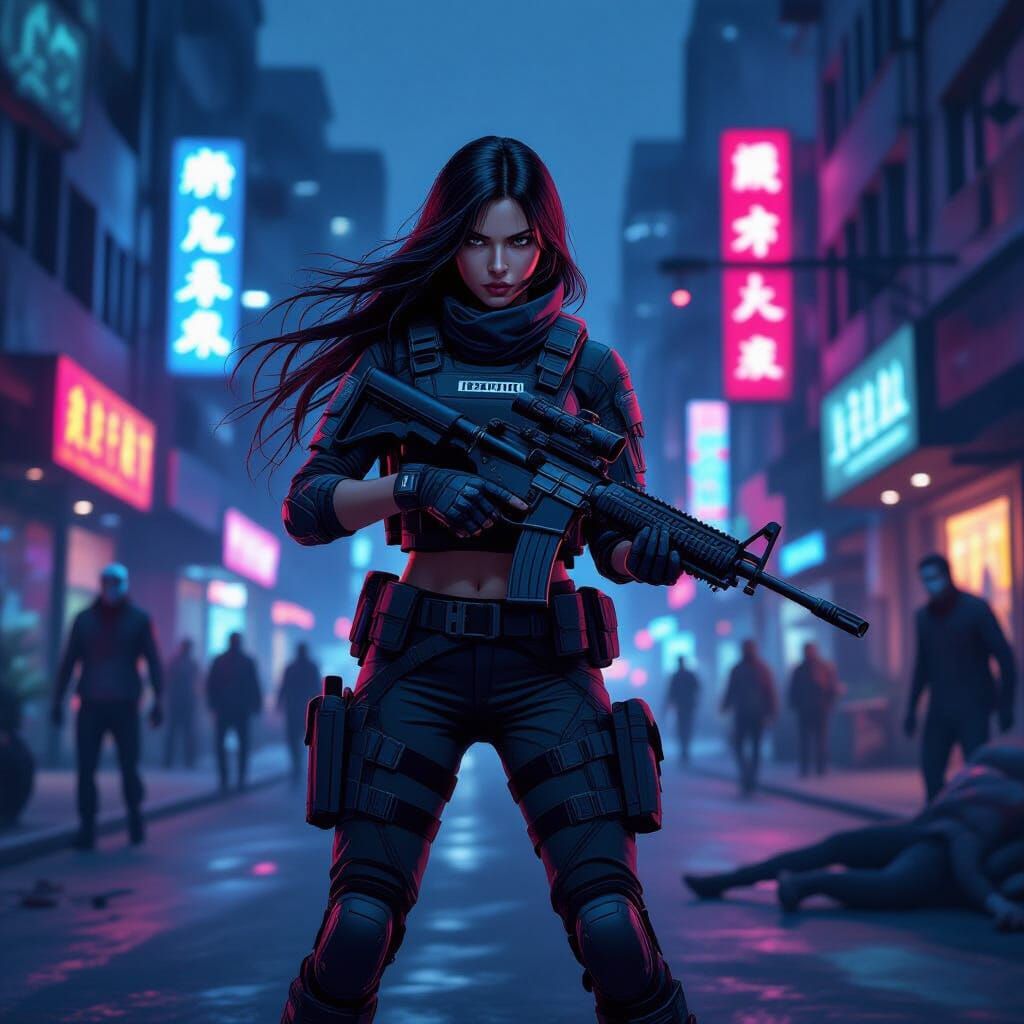 Cyberpunk Warrior Battles Zombies in Neon City