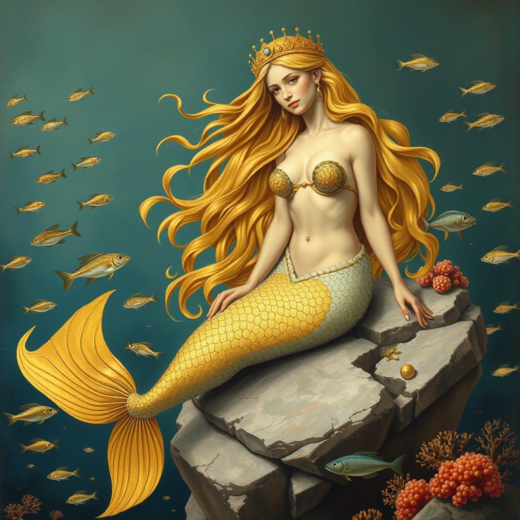 Regal Golden Mermaid in Classical Greek Vase Painting Style